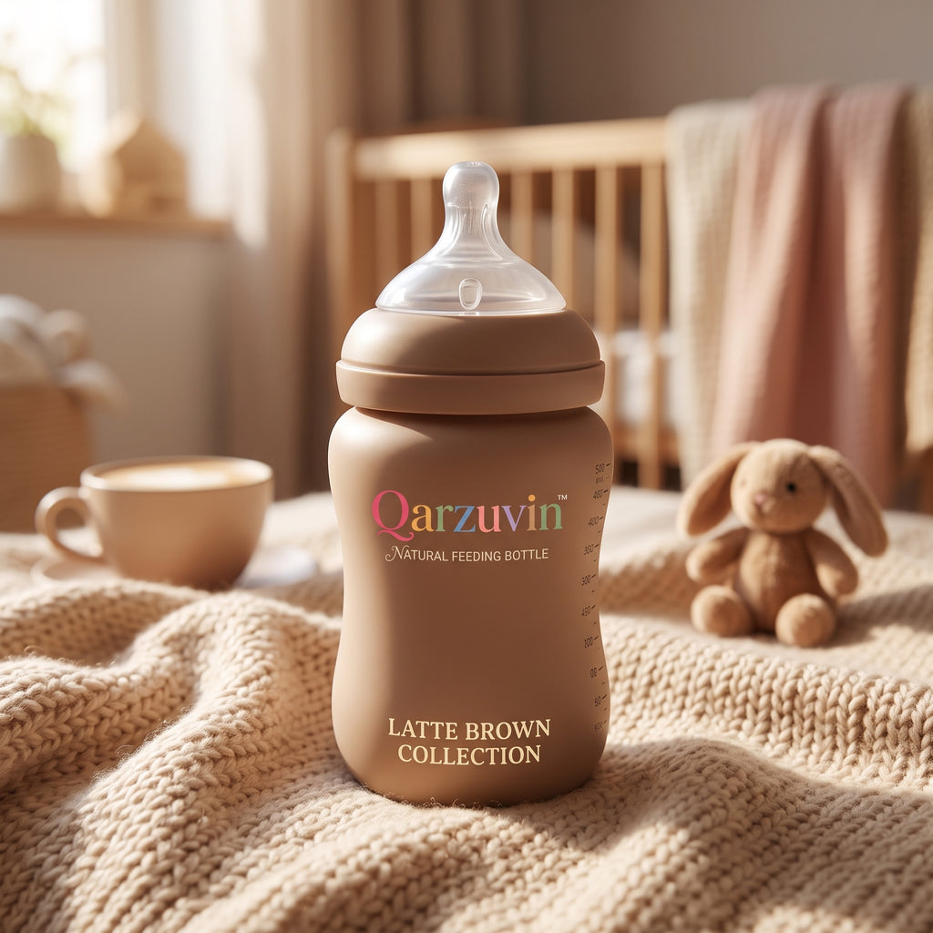 Qarzuvin™ Natural Feeding Baby Bottle – Anti-Colic Wide-Neck Baby Bottle with Breast-Like Silicone Nipple (Latte Brown Collection)