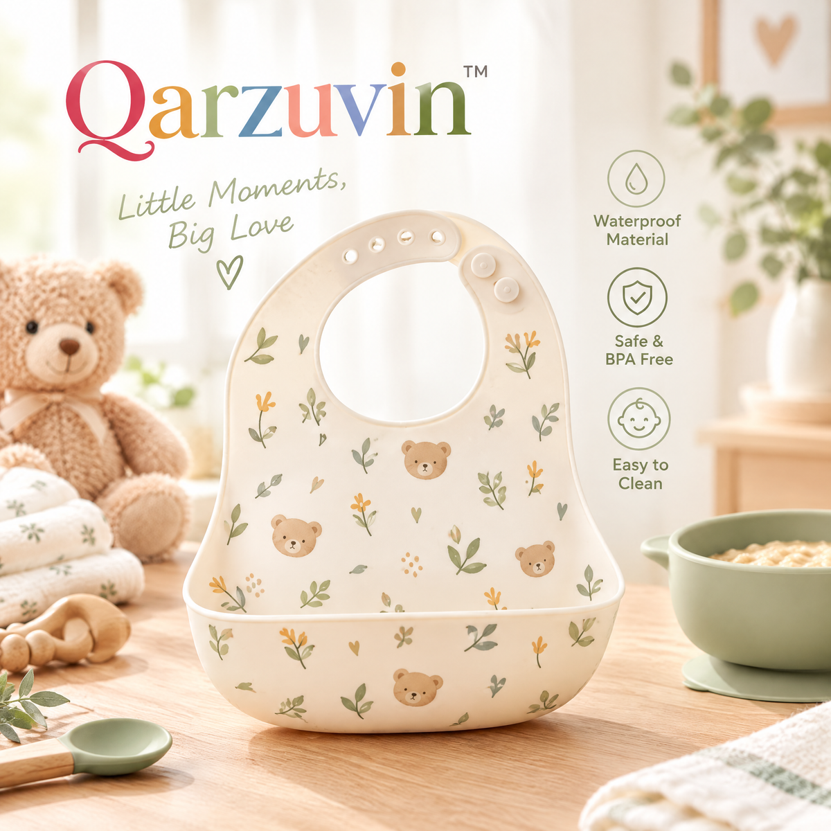 Qarzuvin™ Waterproof Silicone Baby Bib with Deep Food Catcher – BPA-Free, Adjustable &amp; Easy-to-Clean Feeding Bib for Babies and Toddlers (Teddy Bear Floral)
