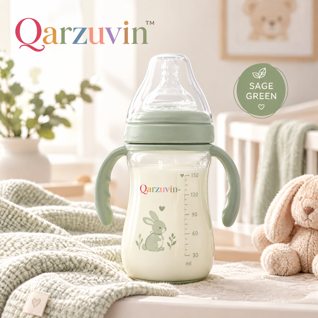 Qarzuvin™ 150ml Baby Feeding Bottle with Removable Handles – Anti-Colic Wide-Neck Infant Transition Trainer Cup, Cute Bunny Print (Sage Green)