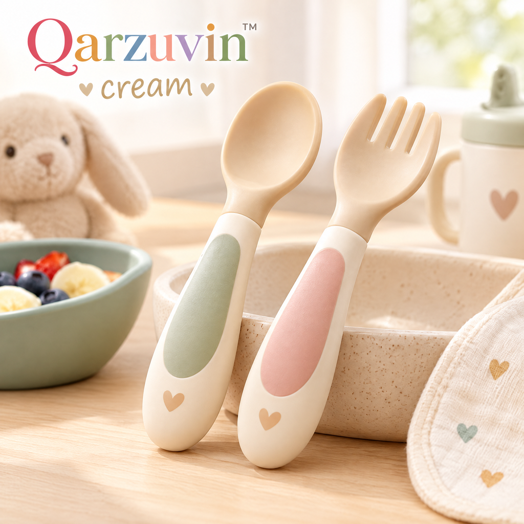 Qarzuvin™ Baby Spoon and Fork Set – Ergonomic Self-Feeding Toddler Utensils with Easy-Grip Handles for Baby-Led Weaning (Cream &amp; Pastel)