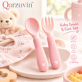 Qarzuvin™ Silicone Baby Spoon and Fork Set – BPA-Free Self-Feeding Toddler Utensils with Easy-Grip Ergonomic Handles (Blush Pink)