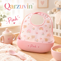 Qarzuvin™ Waterproof Baby Bib with Wide Silicone Food Catcher Pocket – Soft &amp; Adjustable Toddler Feeding Bib (Pink Bear &amp; Rainbow)