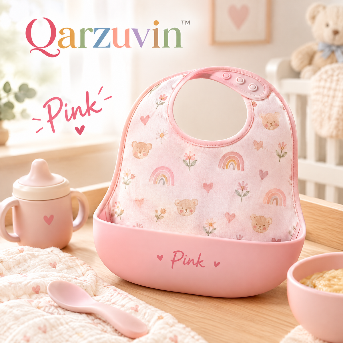 Qarzuvin™ Waterproof Baby Bib with Wide Silicone Food Catcher Pocket – Soft &amp; Adjustable Toddler Feeding Bib (Pink Bear &amp; Rainbow)