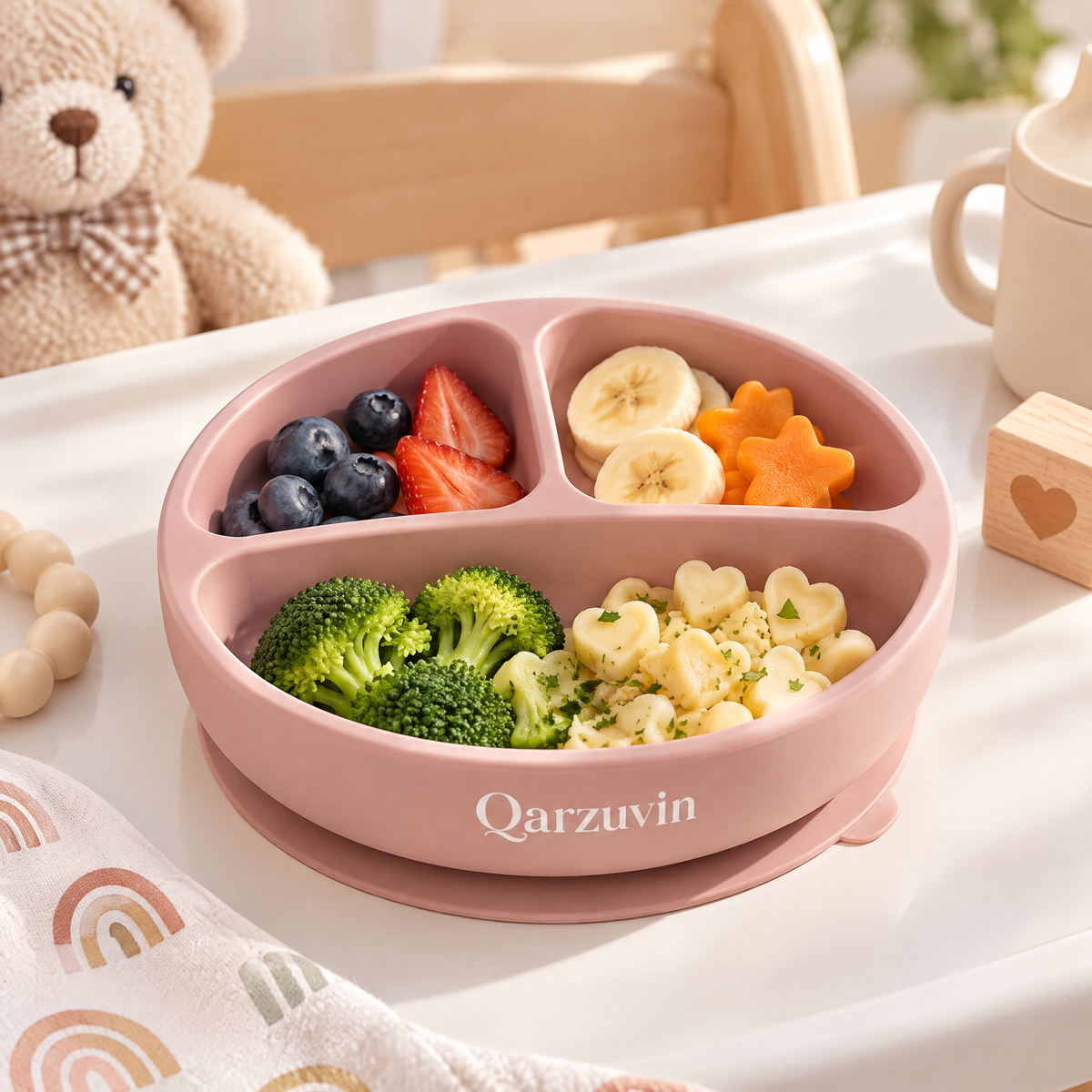 Qarzuvin™ Silicone Baby Suction Plate – Divided Toddler Plate with Strong Non-Slip Suction Base &amp; Easy-Release Tab, Microwave &amp; Dishwasher Safe, BPA-Free Self-Feeding Plate for Babies and Toddlers