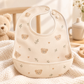 Qarzuvin™ Waterproof Baby Bib with Deep Food Catcher Pocket – Adjustable Snap Closure Wipe-Clean Toddler Feeding Bib for Weaning (Teddy Bear Print)