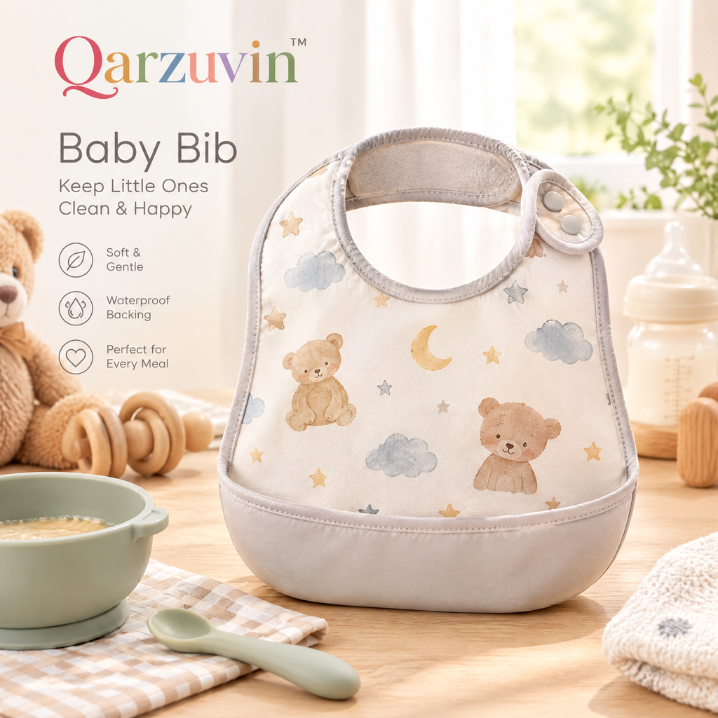 Qarzuvin™ Waterproof Baby Bib with Food Catcher Pocket – Soft &amp; Adjustable Toddler Weaning Bib, Neutral Teddy Bear Print