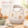 Qarzuvin™ Waterproof Baby Bib with Food Catcher Pocket – Soft &amp; Adjustable Toddler Weaning Bib, Neutral Teddy Bear Print