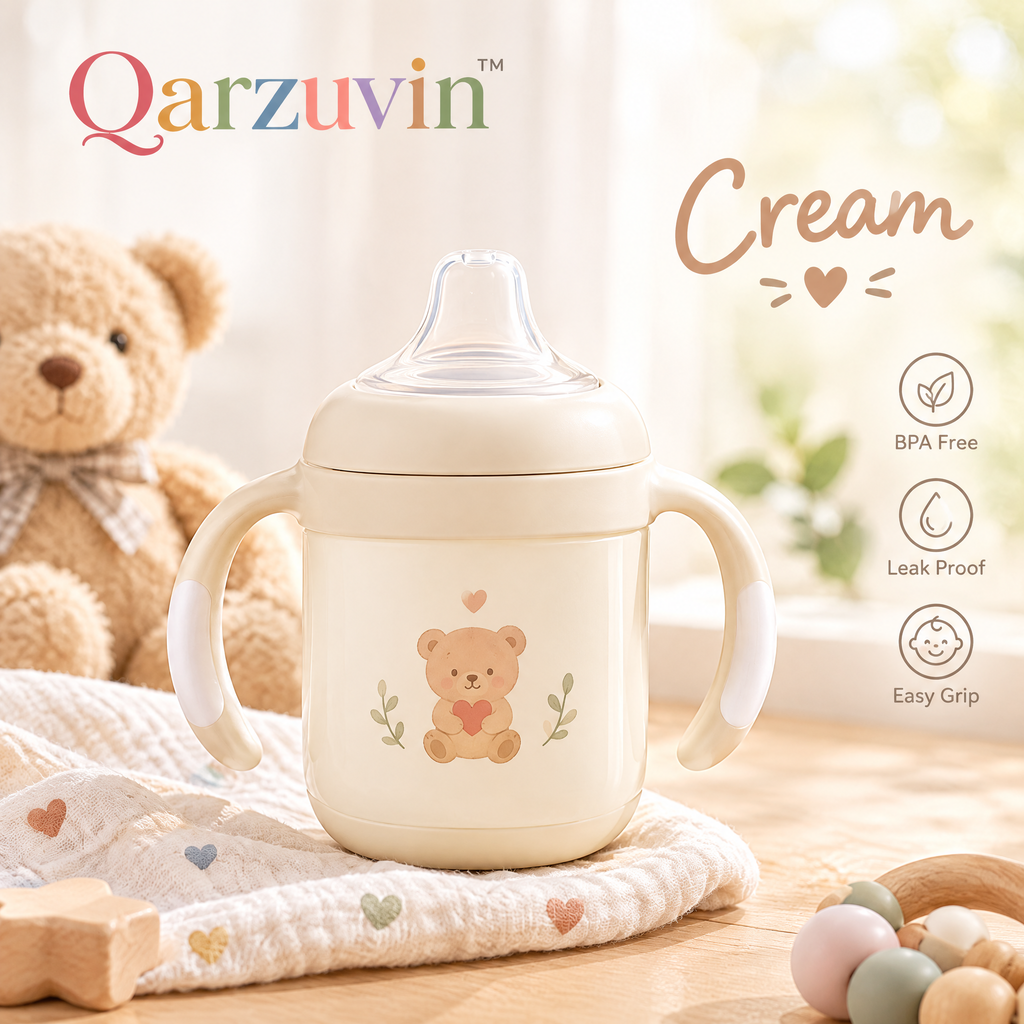 Qarzuvin™ Baby Sippy Cup with Handles – Spill-Proof Toddler Transition Cup with Soft Silicone Spout, BPA-Free Easy-Grip Training Cup (Cream Bear)