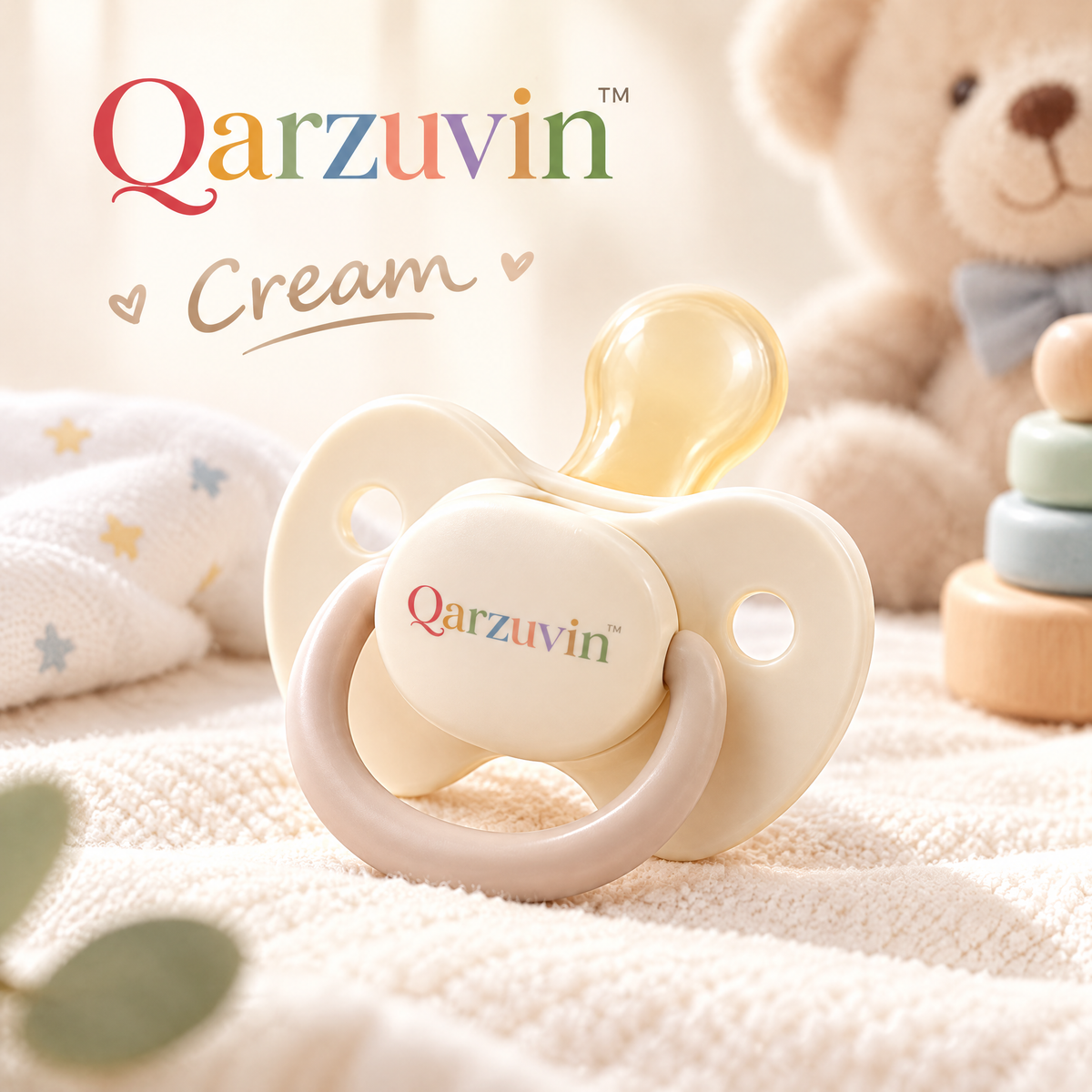 Qarzuvin™ Natural Soothing Baby Pacifier with Breathable Curved Shield &amp; Easy-Grip Ring – BPA-Free Infant Soother (Cream)
