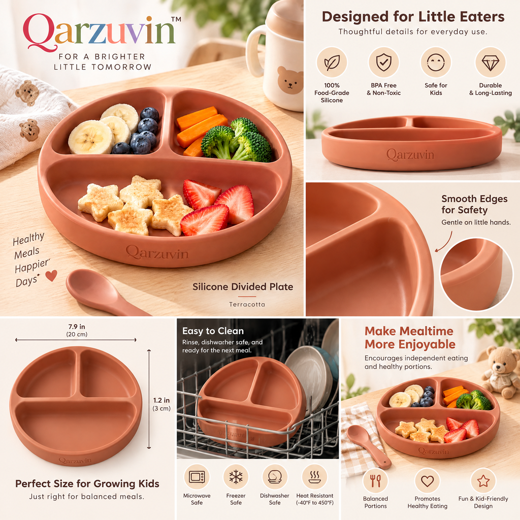 Qarzuvin™ Silicone Divided Toddler Plate with Matching Spoon, 100% Food-Grade Self-Feeding Plate for Babies &amp; Toddlers, Terracotta