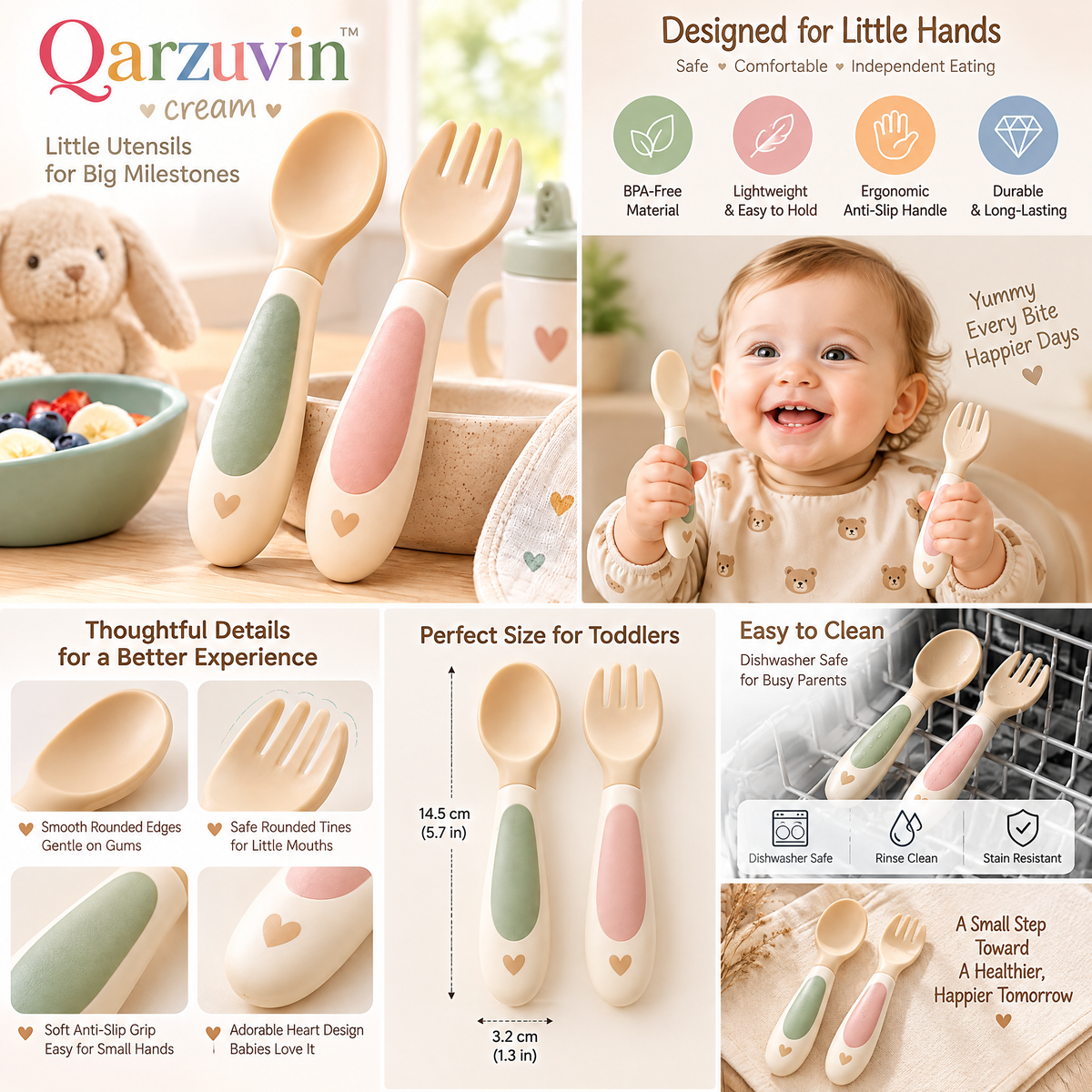 Qarzuvin™ Baby Spoon and Fork Set – Ergonomic Self-Feeding Toddler Utensils with Easy-Grip Handles for Baby-Led Weaning (Cream &amp; Pastel)