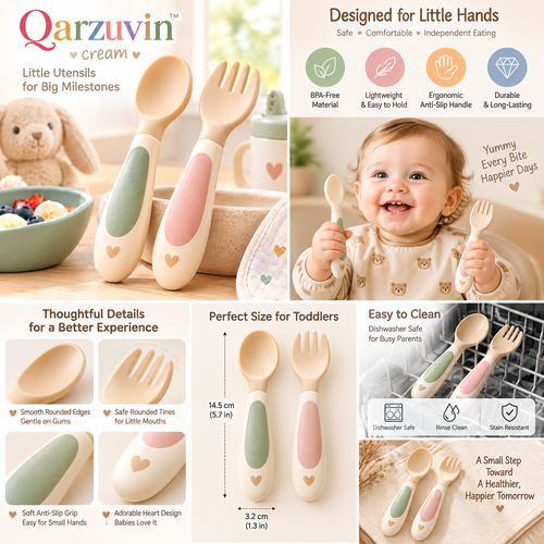 Qarzuvin™ Baby Spoon and Fork Set – Ergonomic Self-Feeding Toddler Utensils with Easy-Grip Handles for Baby-Led Weaning (Cream &amp; Pastel)