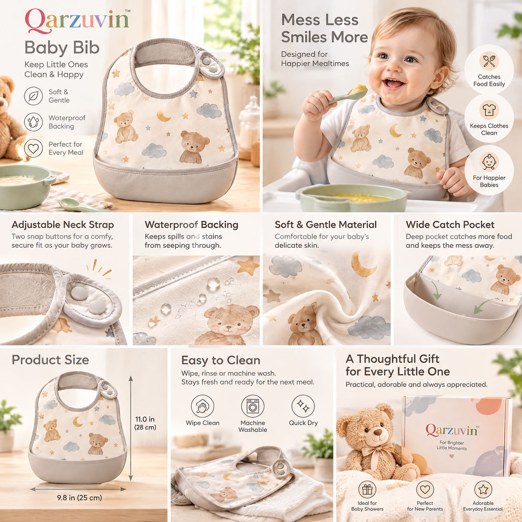 Qarzuvin™ Waterproof Baby Bib with Food Catcher Pocket – Soft &amp; Adjustable Toddler Weaning Bib, Neutral Teddy Bear Print