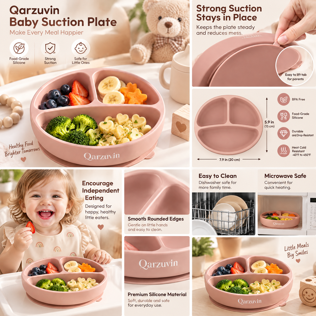 Qarzuvin™ Silicone Baby Suction Plate – Divided Toddler Plate with Strong Non-Slip Suction Base &amp; Easy-Release Tab, Microwave &amp; Dishwasher Safe, BPA-Free Self-Feeding Plate for Babies and Toddlers