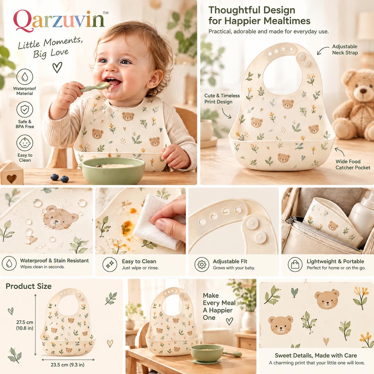 Qarzuvin™ Waterproof Silicone Baby Bib with Deep Food Catcher – BPA-Free, Adjustable &amp; Easy-to-Clean Feeding Bib for Babies and Toddlers (Teddy Bear Floral)