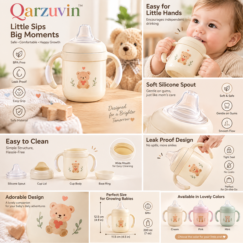 Qarzuvin™ Baby Sippy Cup with Handles – Spill-Proof Toddler Transition Cup with Soft Silicone Spout, BPA-Free Easy-Grip Training Cup (Cream Bear)