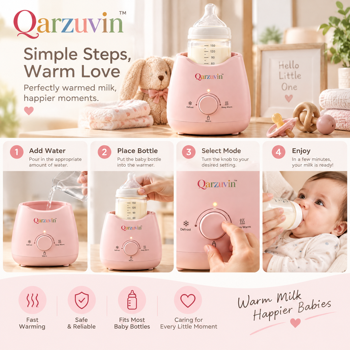 Qarzuvin™ 3-in-1 Compact Baby Bottle Warmer with 360° Gentle Heating, Food-Grade 304 Stainless Steel &amp; Easy One-Knob Control