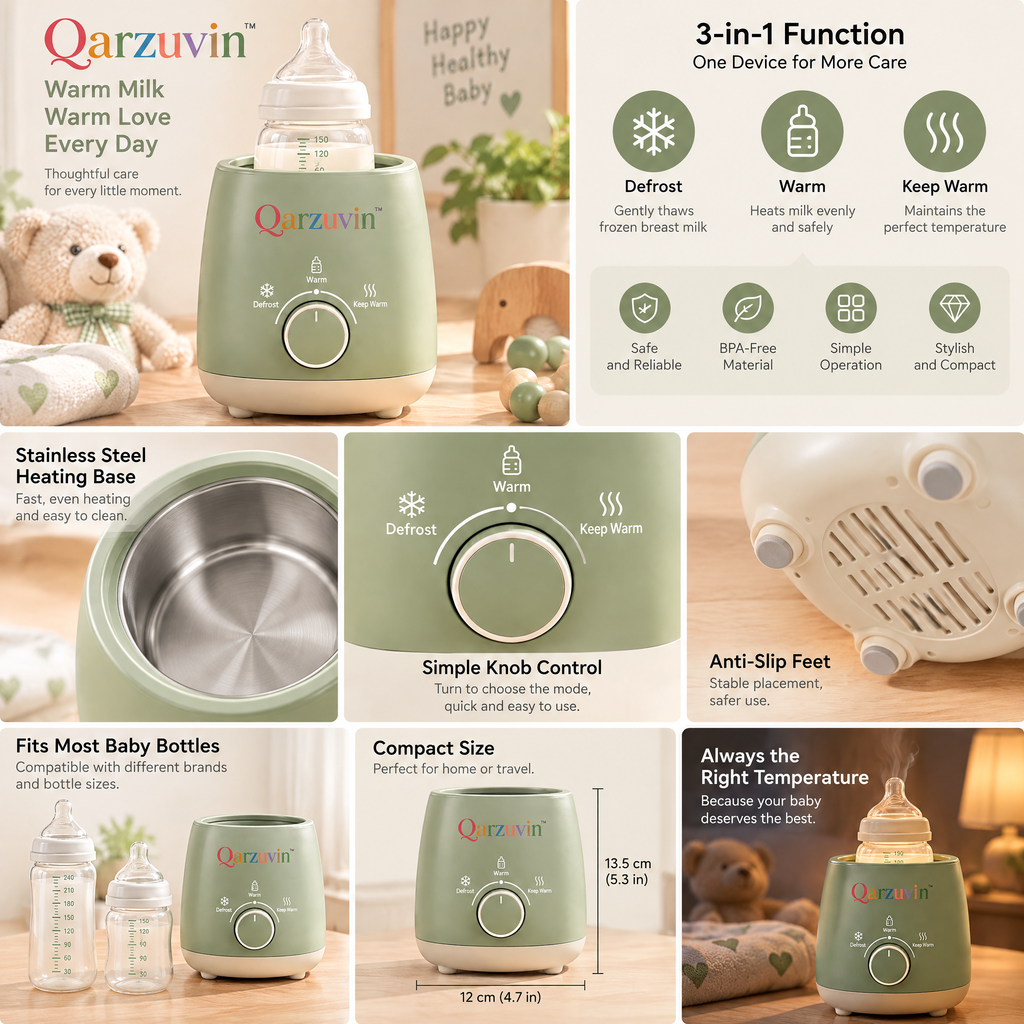 Qarzuvin™ 3-in-1 Baby Bottle Warmer – Fast &amp; Gentle Milk Warmer with Defrost, Warm &amp; 24H Keep Warm Functions for Breastmilk and Formula