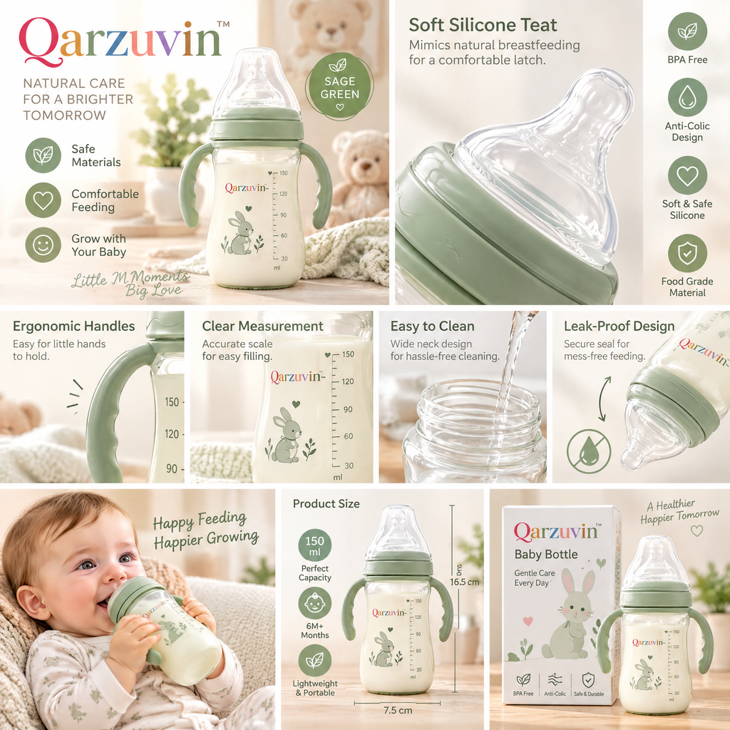 Qarzuvin™ 150ml Baby Feeding Bottle with Removable Handles – Anti-Colic Wide-Neck Infant Transition Trainer Cup, Cute Bunny Print (Sage Green)