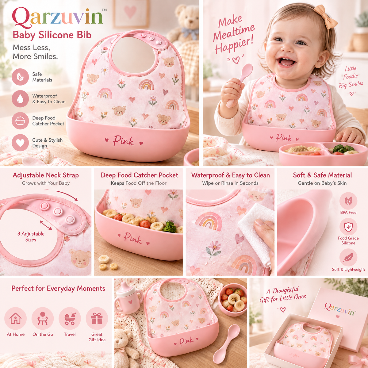 Qarzuvin™ Waterproof Baby Bib with Wide Silicone Food Catcher Pocket – Soft &amp; Adjustable Toddler Feeding Bib (Pink Bear &amp; Rainbow)