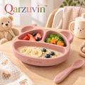 Qarzuvin™ Bear-Shaped Silicone Divided Suction Plate with Matching Spoon | Non-Slip Toddler Feeding Dish for Baby-Led Weaning (Dusty Pink)