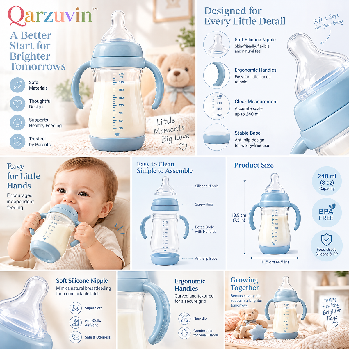 Qarzuvin™ 240ml (8oz) Anti-Colic Baby Feeding Bottle with Easy-Grip Dual Handles &amp; Soft Silicone Teat – Pastel Blue