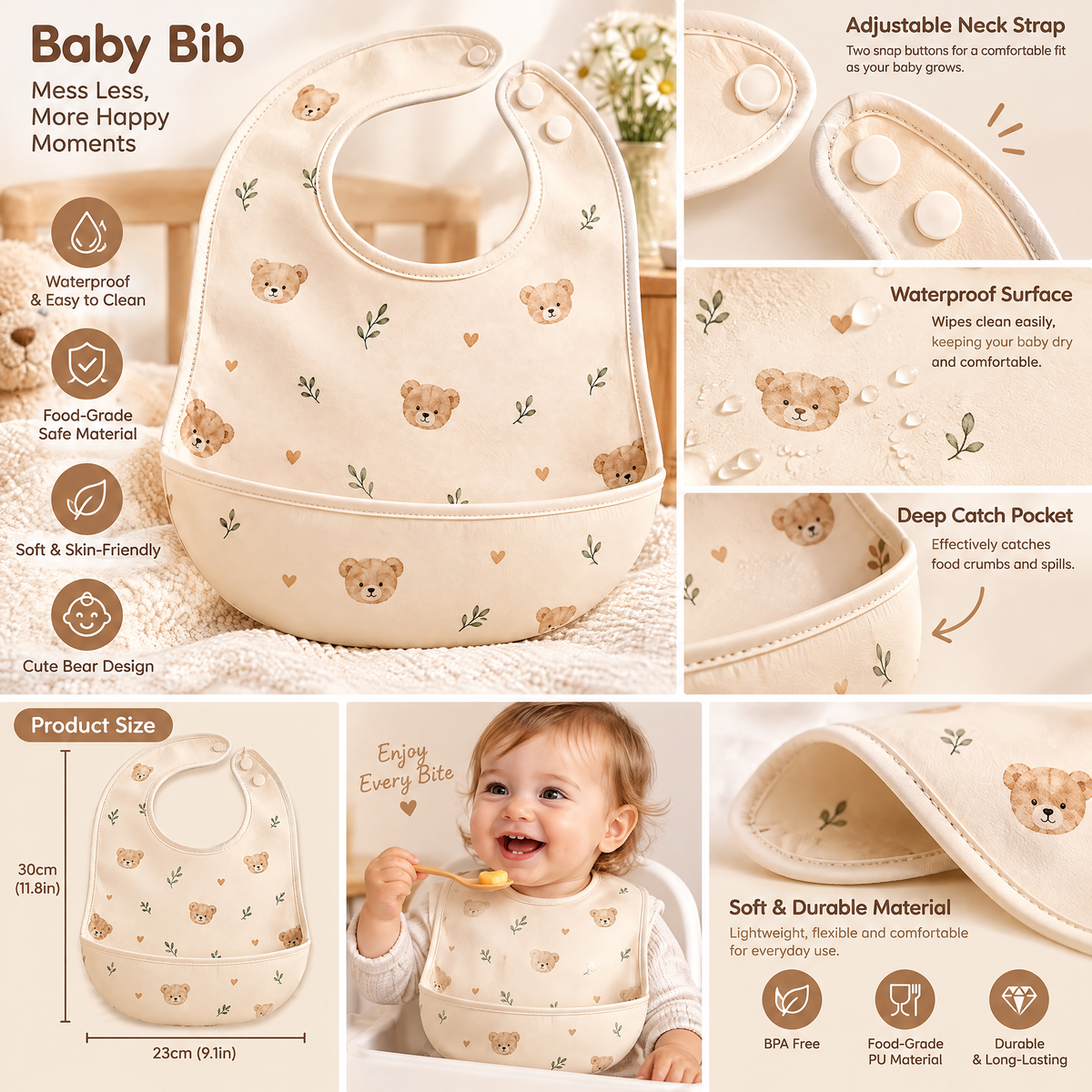 Qarzuvin™ Waterproof Baby Bib with Deep Food Catcher Pocket – Adjustable Snap Closure Wipe-Clean Toddler Feeding Bib for Weaning (Teddy Bear Print)