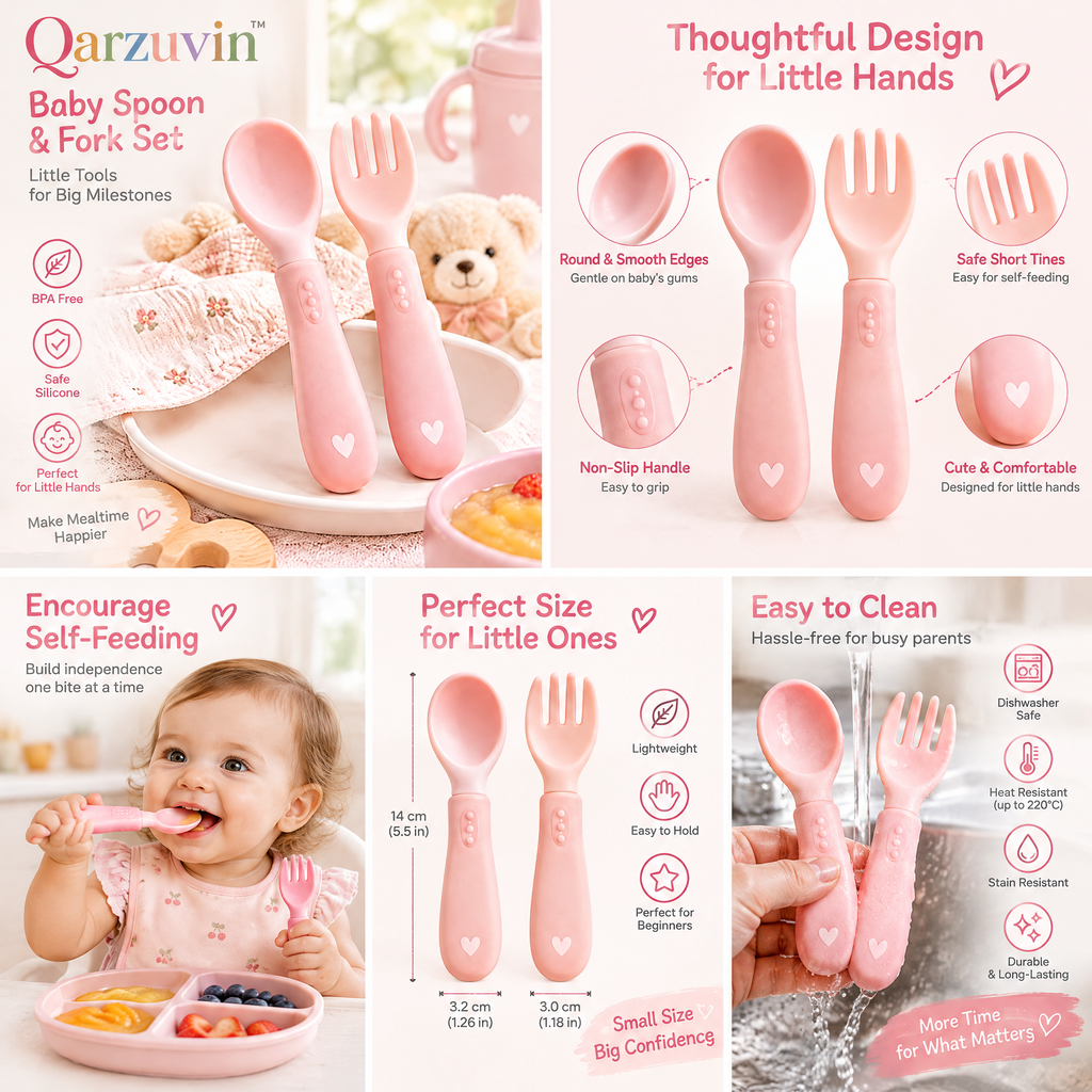 Qarzuvin™ Silicone Baby Spoon and Fork Set – BPA-Free Self-Feeding Toddler Utensils with Easy-Grip Ergonomic Handles (Blush Pink)