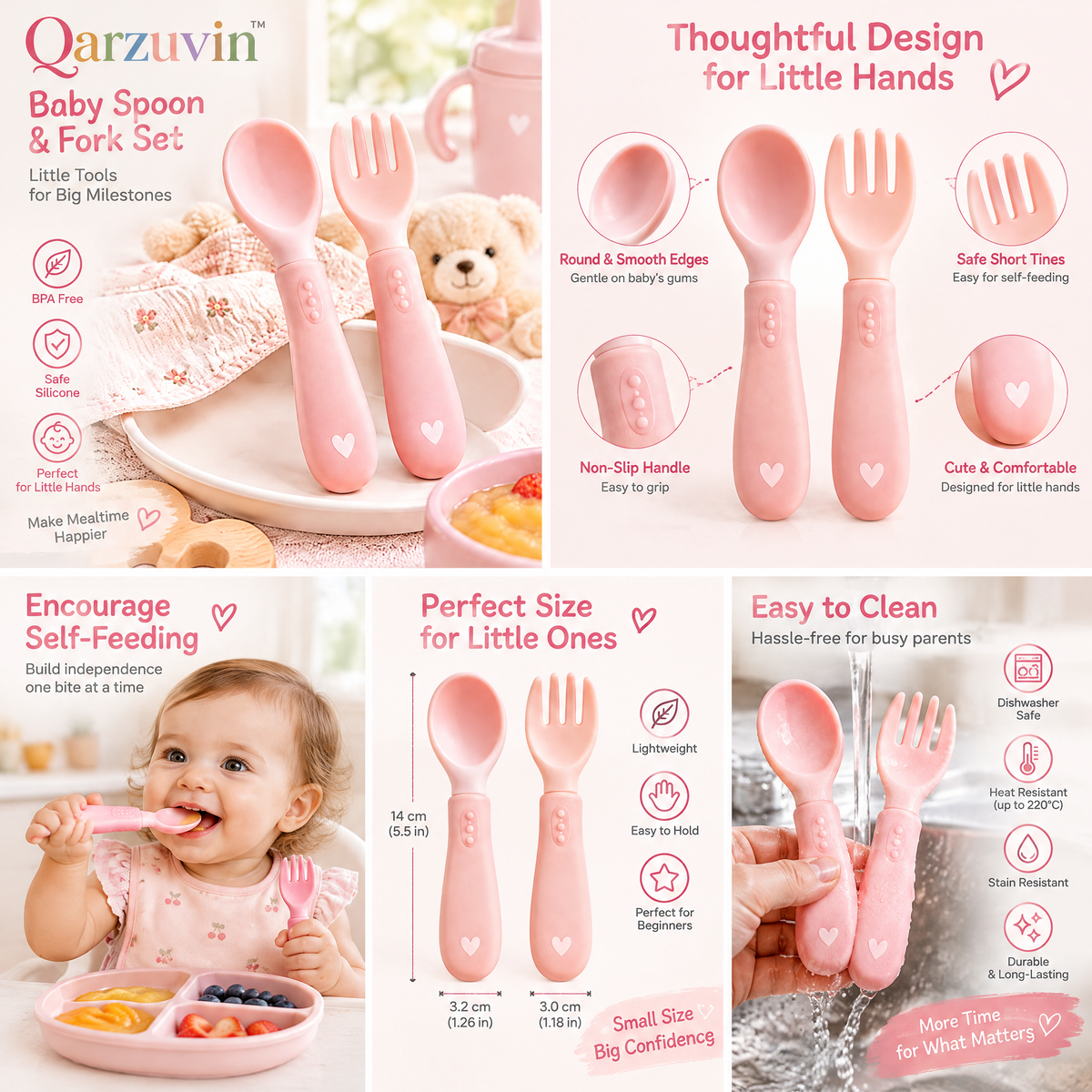 Qarzuvin™ Silicone Baby Spoon and Fork Set – BPA-Free Self-Feeding Toddler Utensils with Easy-Grip Ergonomic Handles (Blush Pink)