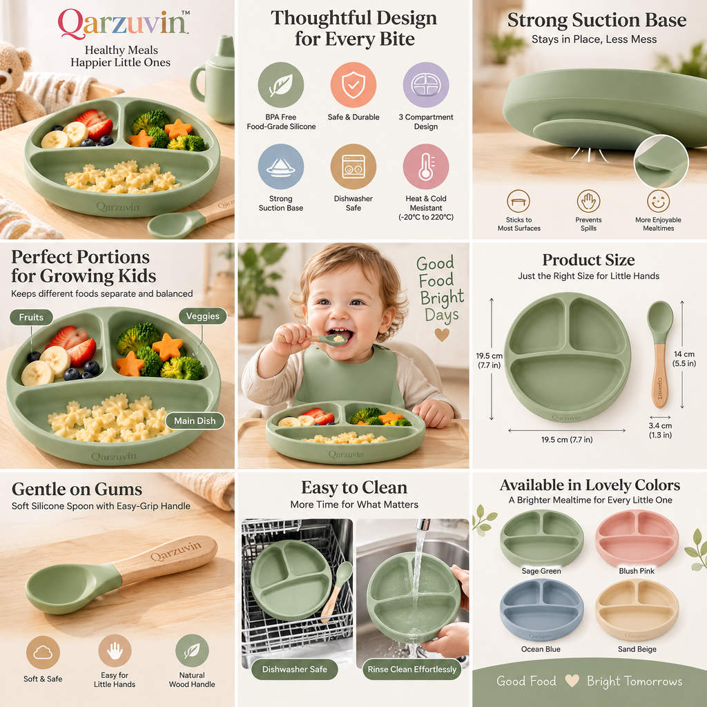 Qarzuvin™ 3-Piece Silicone Baby Feeding Set – Divided Suction Plate, Wooden Handle Spoon &amp; Training Sippy Cup (Sage Green)