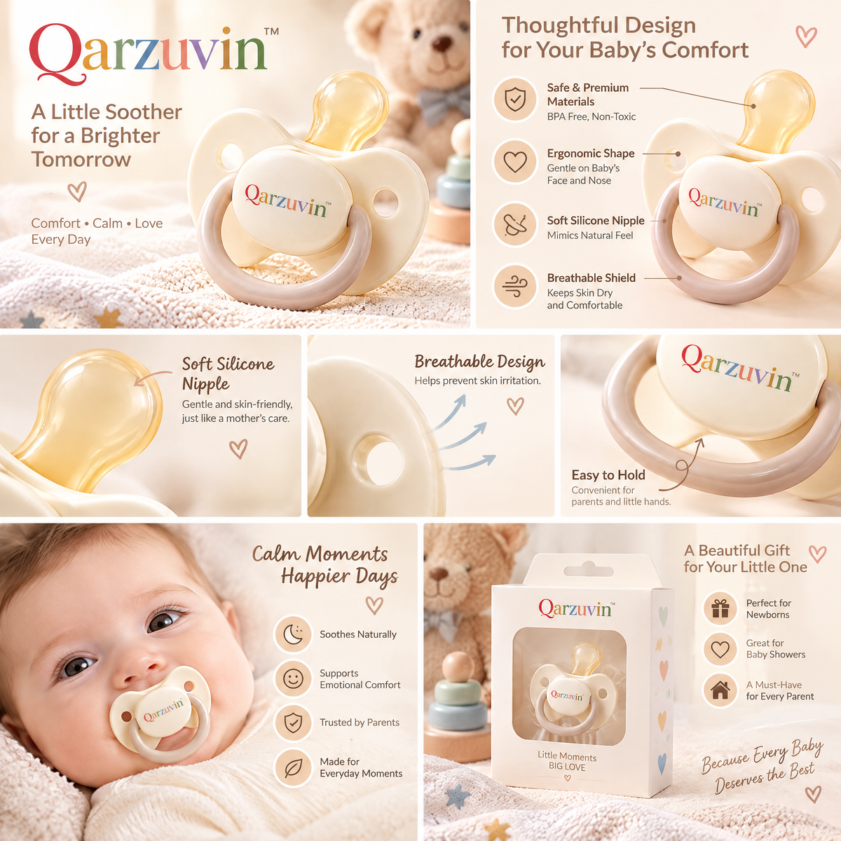 Qarzuvin™ Natural Soothing Baby Pacifier with Breathable Curved Shield &amp; Easy-Grip Ring – BPA-Free Infant Soother (Cream)