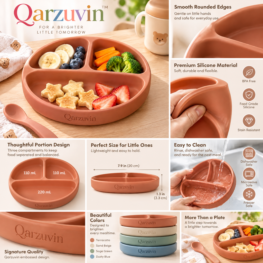 Qarzuvin™ Silicone Divided Toddler Plate with Matching Spoon, 100% Food-Grade Self-Feeding Plate for Babies &amp; Toddlers, Terracotta
