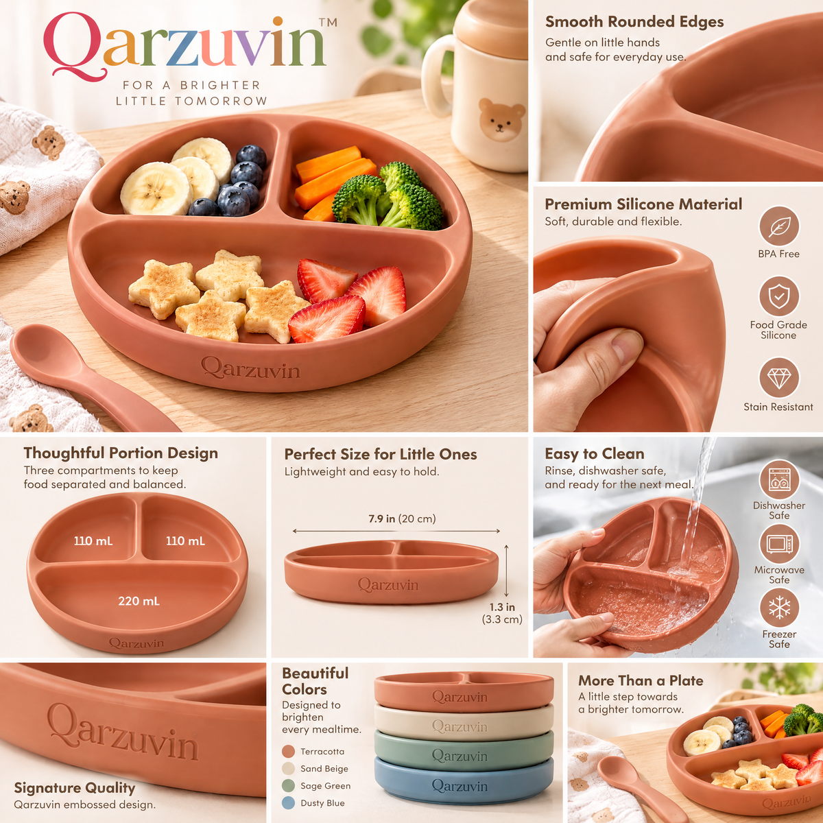 Qarzuvin™ Silicone Divided Toddler Plate with Matching Spoon, 100% Food-Grade Self-Feeding Plate for Babies &amp; Toddlers, Terracotta