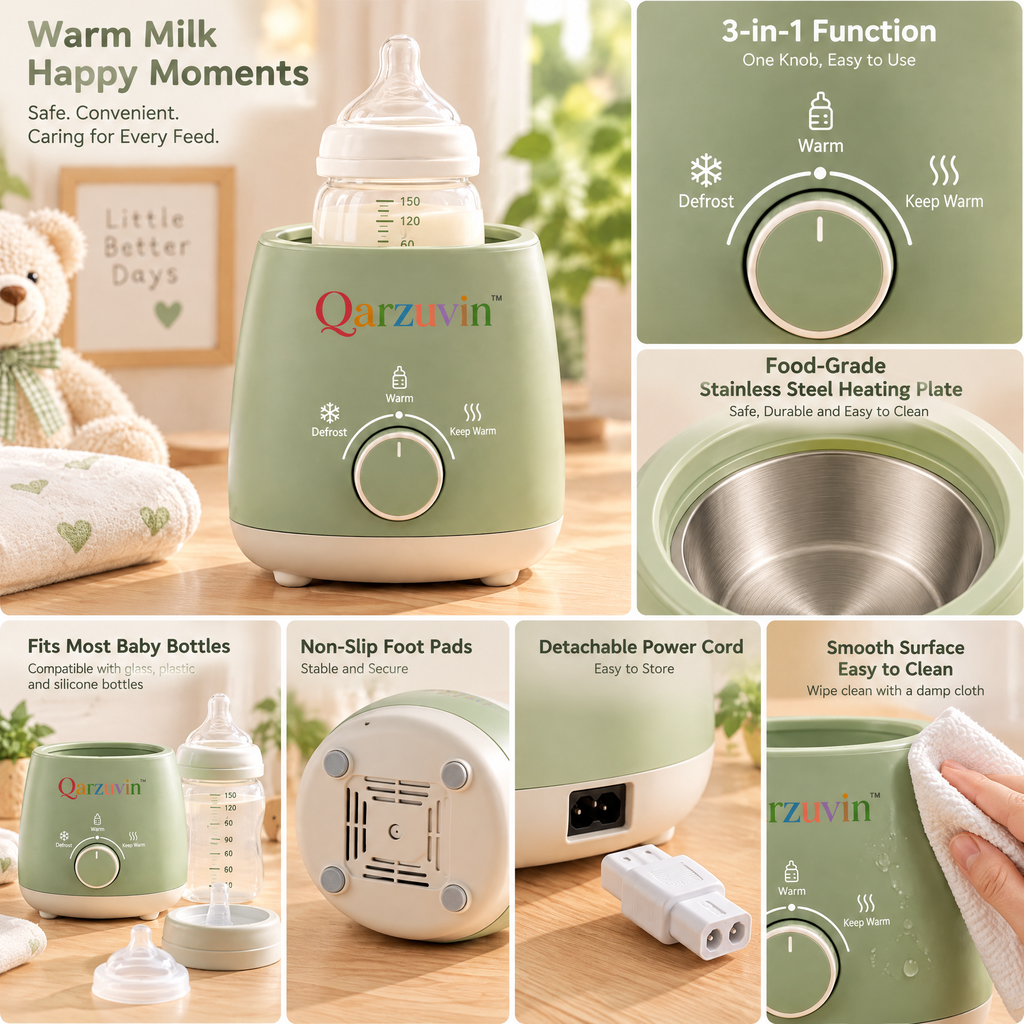 Qarzuvin™ 3-in-1 Baby Bottle Warmer – Fast &amp; Gentle Milk Warmer with Defrost, Warm &amp; 24H Keep Warm Functions for Breastmilk and Formula