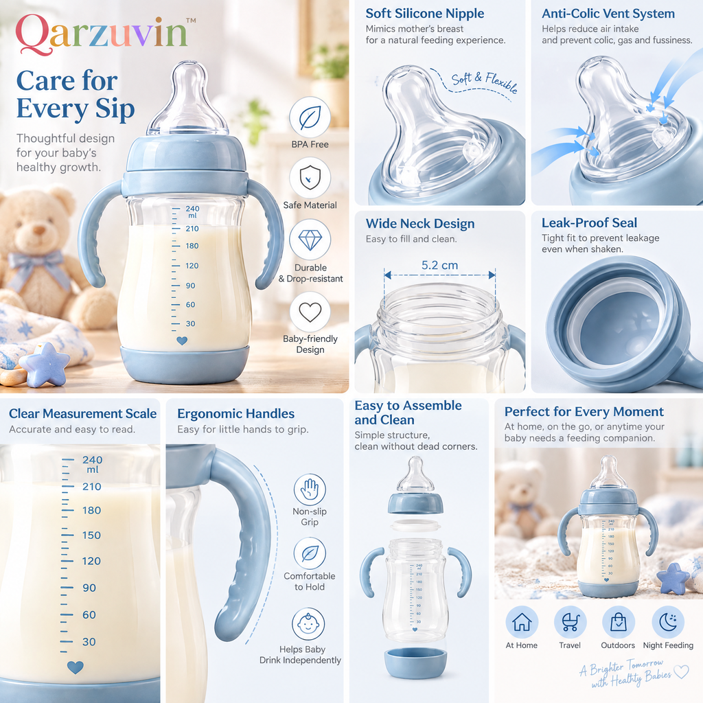Qarzuvin™ 240ml (8oz) Anti-Colic Baby Feeding Bottle with Easy-Grip Dual Handles &amp; Soft Silicone Teat – Pastel Blue