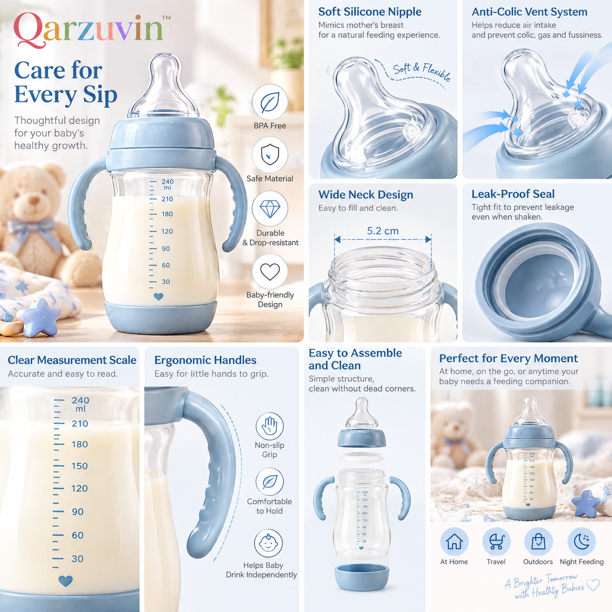 Qarzuvin™ 240ml (8oz) Anti-Colic Baby Feeding Bottle with Easy-Grip Dual Handles &amp; Soft Silicone Teat – Pastel Blue
