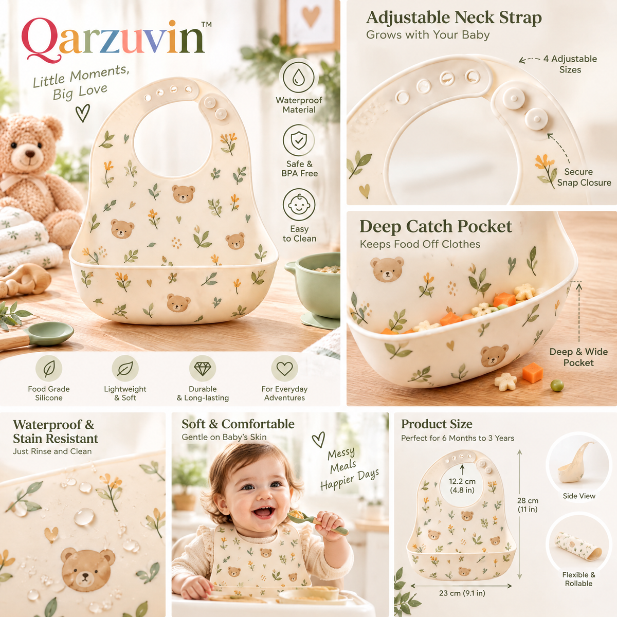 Qarzuvin™ Waterproof Silicone Baby Bib with Deep Food Catcher – BPA-Free, Adjustable &amp; Easy-to-Clean Feeding Bib for Babies and Toddlers (Teddy Bear Floral)