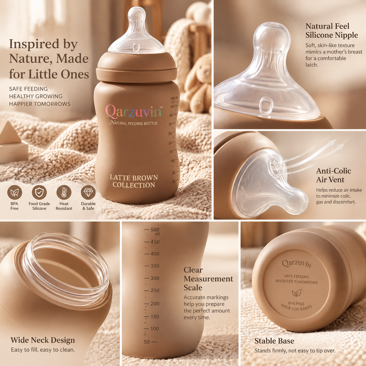 Qarzuvin™ Natural Feeding Baby Bottle – Anti-Colic Wide-Neck Baby Bottle with Breast-Like Silicone Nipple (Latte Brown Collection)