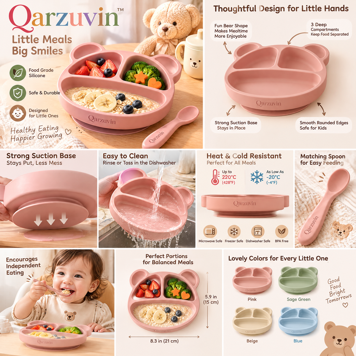 Qarzuvin™ Bear-Shaped Silicone Divided Suction Plate with Matching Spoon | Non-Slip Toddler Feeding Dish for Baby-Led Weaning (Dusty Pink)