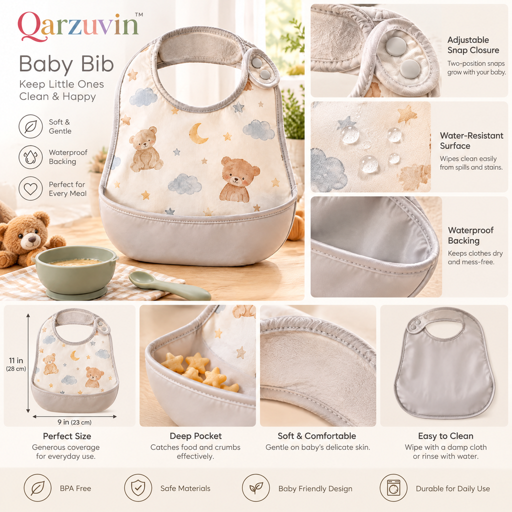 Qarzuvin™ Waterproof Baby Bib with Food Catcher Pocket – Soft &amp; Adjustable Toddler Weaning Bib, Neutral Teddy Bear Print