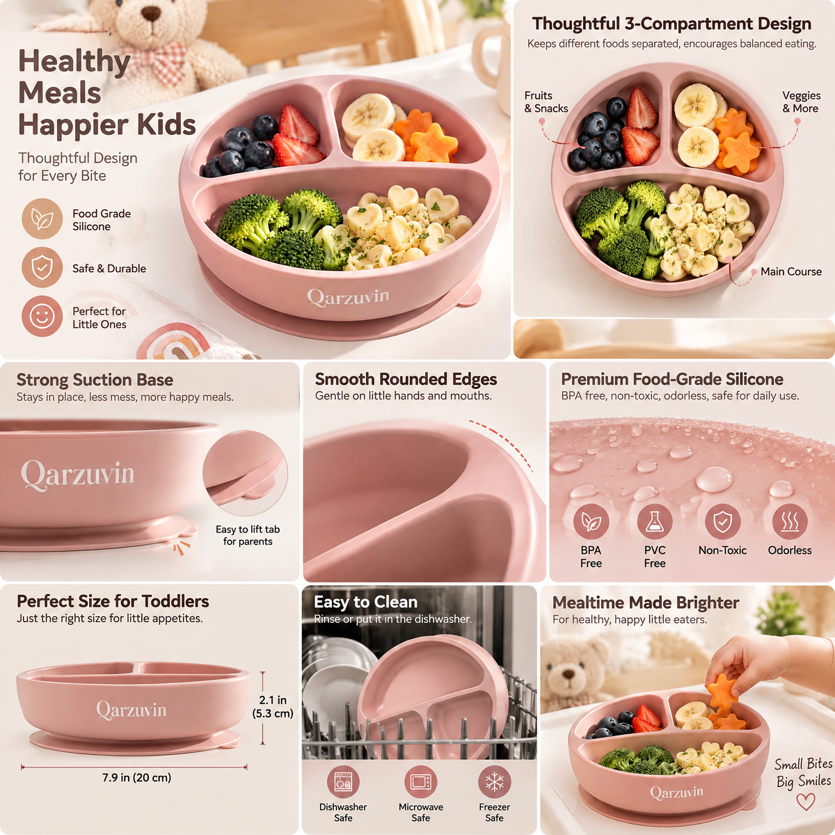 Qarzuvin™ Silicone Baby Suction Plate – Divided Toddler Plate with Strong Non-Slip Suction Base &amp; Easy-Release Tab, Microwave &amp; Dishwasher Safe, BPA-Free Self-Feeding Plate for Babies and Toddlers