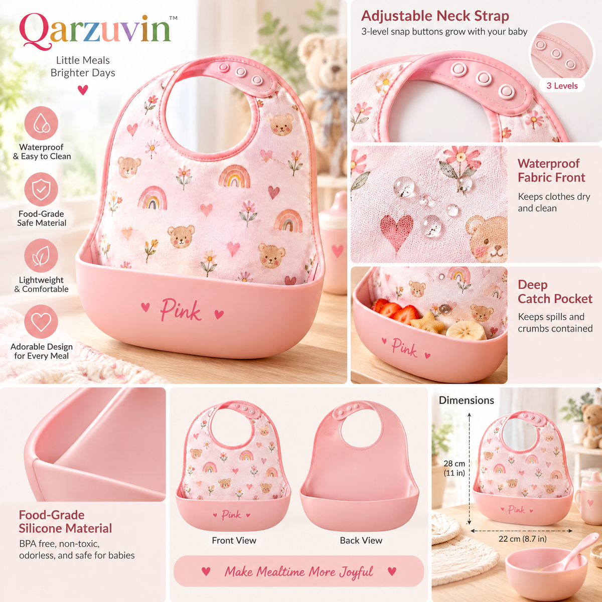 Qarzuvin™ Waterproof Baby Bib with Wide Silicone Food Catcher Pocket – Soft &amp; Adjustable Toddler Feeding Bib (Pink Bear &amp; Rainbow)