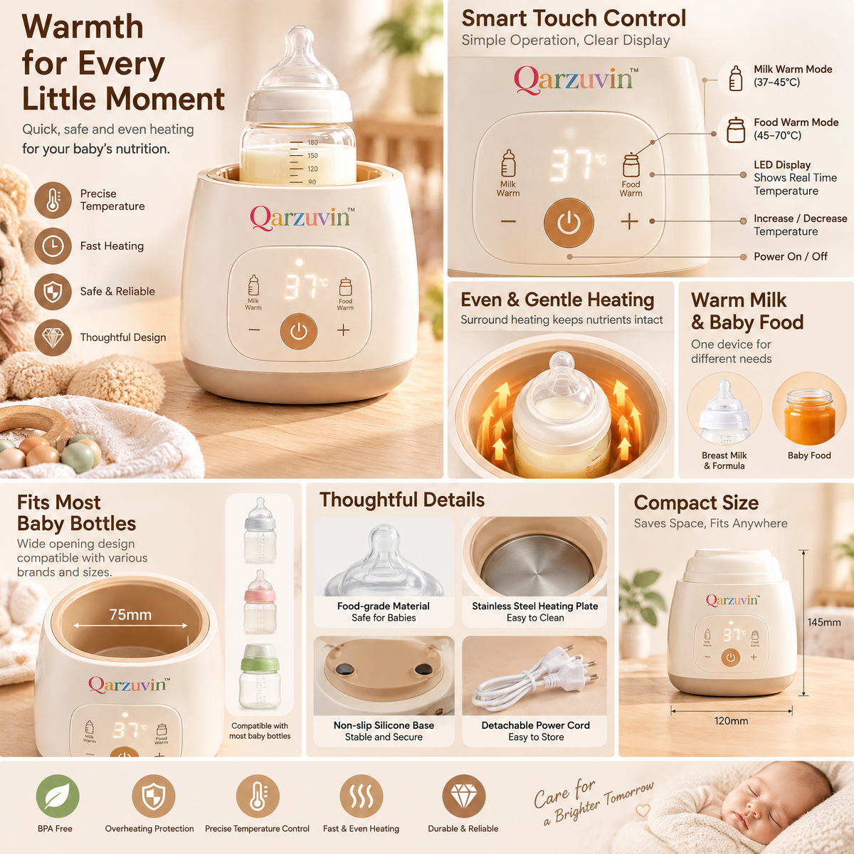 Qarzuvin™ 2-in-1 Digital Baby Bottle Warmer &amp; Food Heater with Precise LED Temperature Control, Fits Most Bottle Sizes