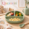 Qarzuvin™ 3-Piece Silicone Baby Feeding Set – Divided Suction Plate, Wooden Handle Spoon &amp; Training Sippy Cup (Sage Green)