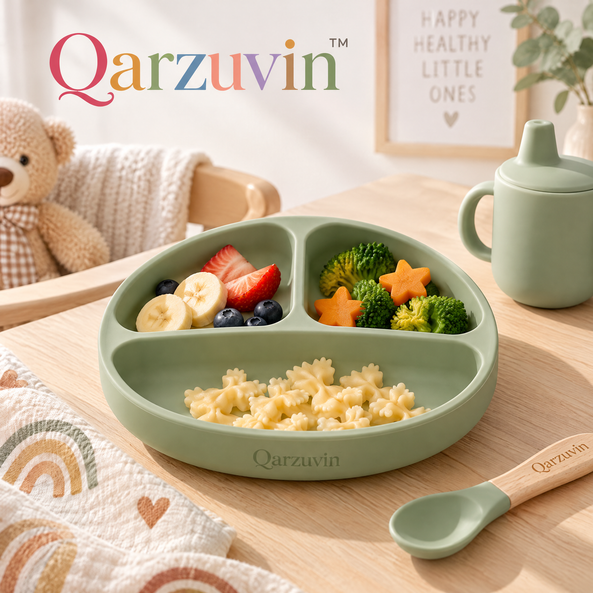 Qarzuvin™ 3-Piece Silicone Baby Feeding Set – Divided Suction Plate, Wooden Handle Spoon &amp; Training Sippy Cup (Sage Green)