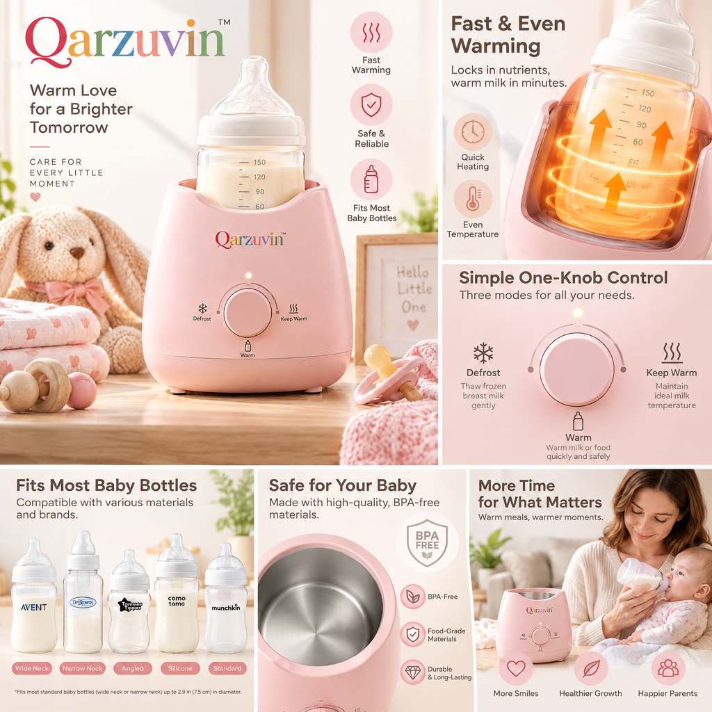 Qarzuvin™ 3-in-1 Compact Baby Bottle Warmer with 360° Gentle Heating, Food-Grade 304 Stainless Steel &amp; Easy One-Knob Control