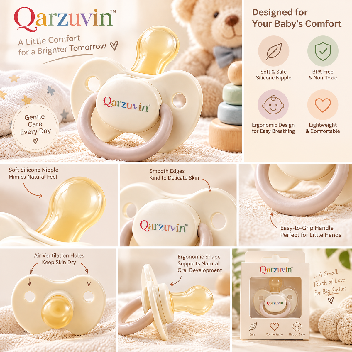 Qarzuvin™ Natural Soothing Baby Pacifier with Breathable Curved Shield &amp; Easy-Grip Ring – BPA-Free Infant Soother (Cream)