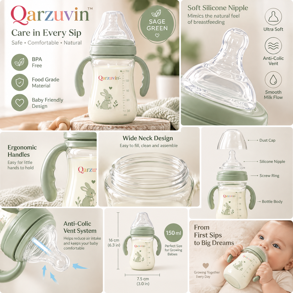 Qarzuvin™ 150ml Baby Feeding Bottle with Removable Handles – Anti-Colic Wide-Neck Infant Transition Trainer Cup, Cute Bunny Print (Sage Green)