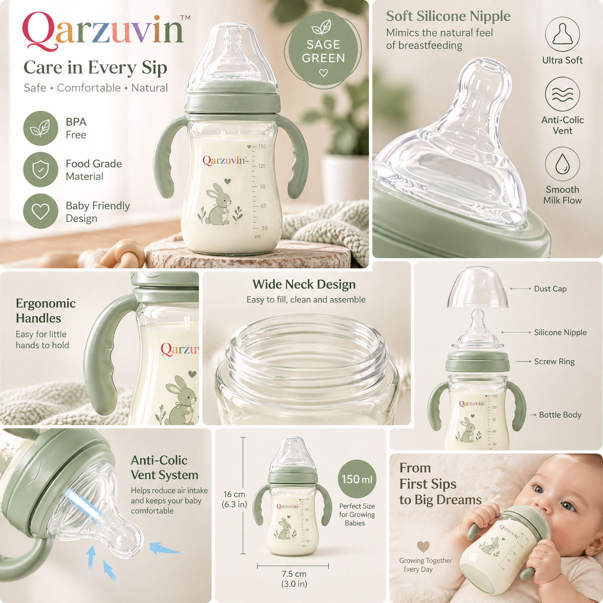 Qarzuvin™ 150ml Baby Feeding Bottle with Removable Handles – Anti-Colic Wide-Neck Infant Transition Trainer Cup, Cute Bunny Print (Sage Green)
