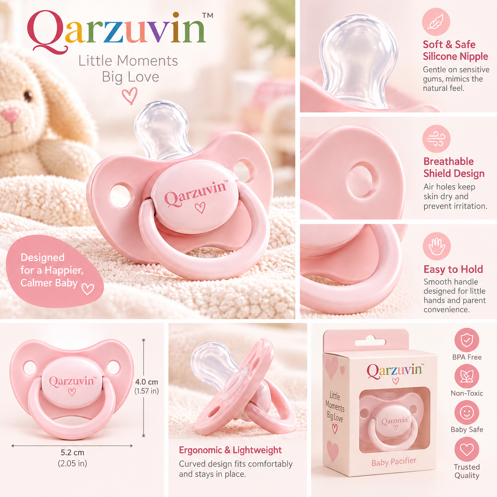 Qarzuvin™ Ultra-Soft Silicone Baby Pacifier – Ergonomic Breathable Shield with Easy-Grip Ring, BPA-Free Soother for Newborns &amp; Infants, Pastel Pink